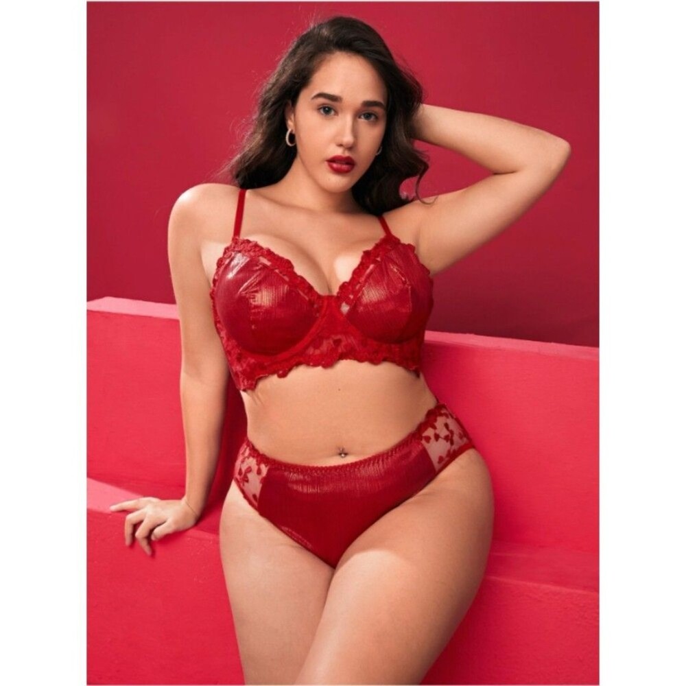 1XL Plus Size Red Mesh Embroidery Mesh Insert Underwire Stretch Lingerie Set